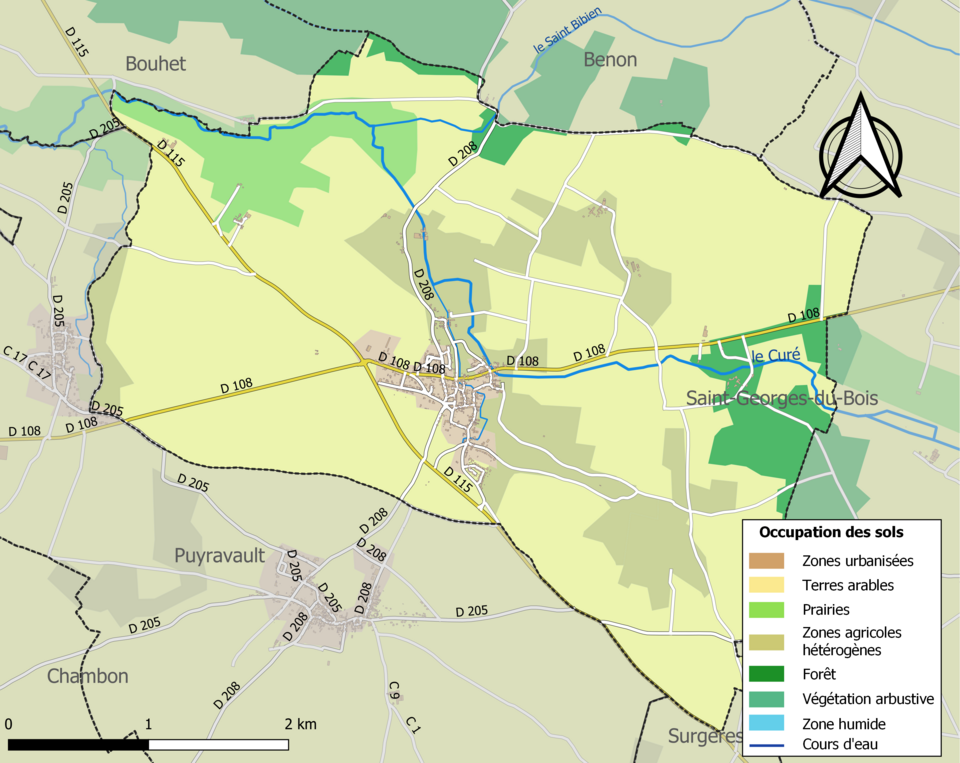 Carte des infrastructures et de l'occupation des sols de la commune en 2018 (CLC).